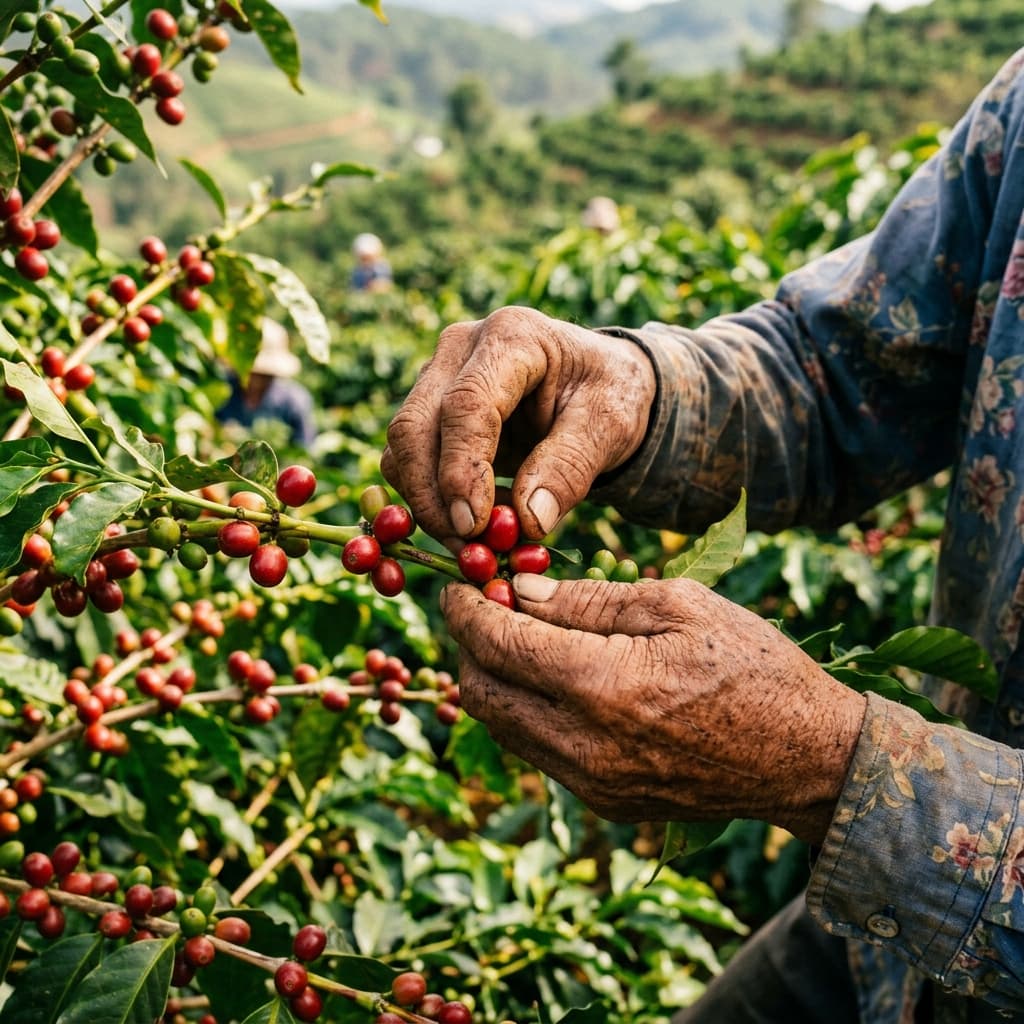Ripe coffee cherries picked by hand
