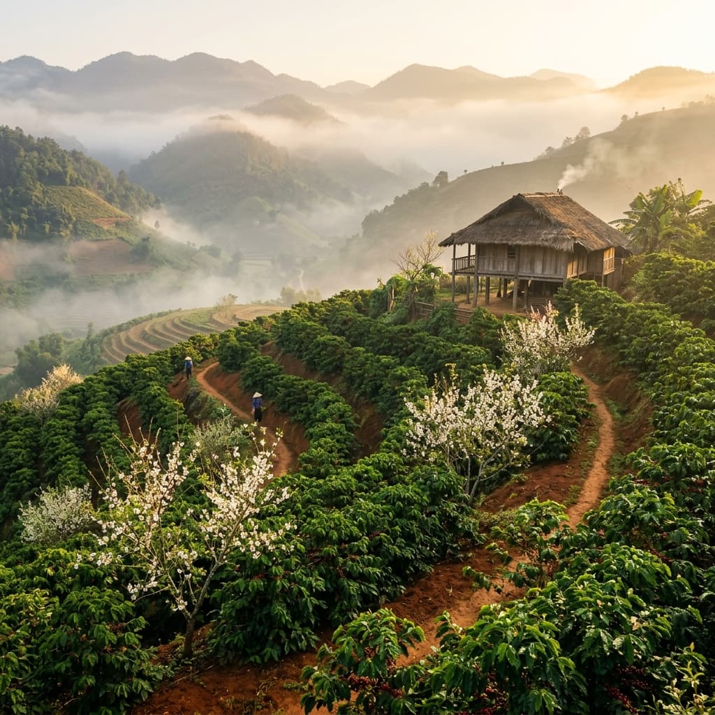 Misty mountain hills at dawn