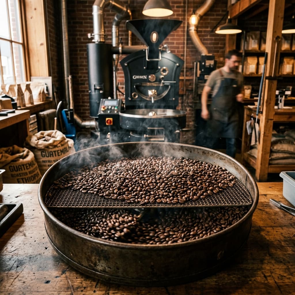 Freshly roasted coffee beans in warm light